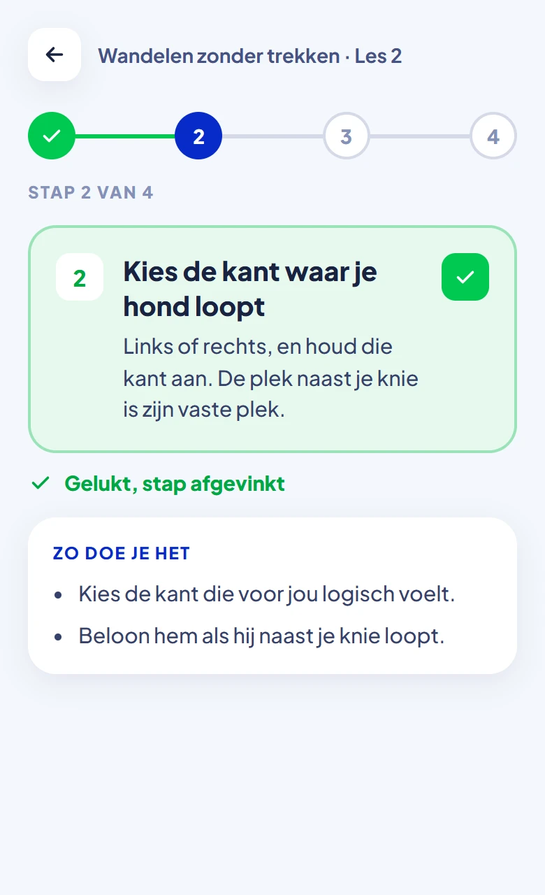 Een les in de academy: stap 2 van 5, Kies de kant en de looppositie, afgevinkt
