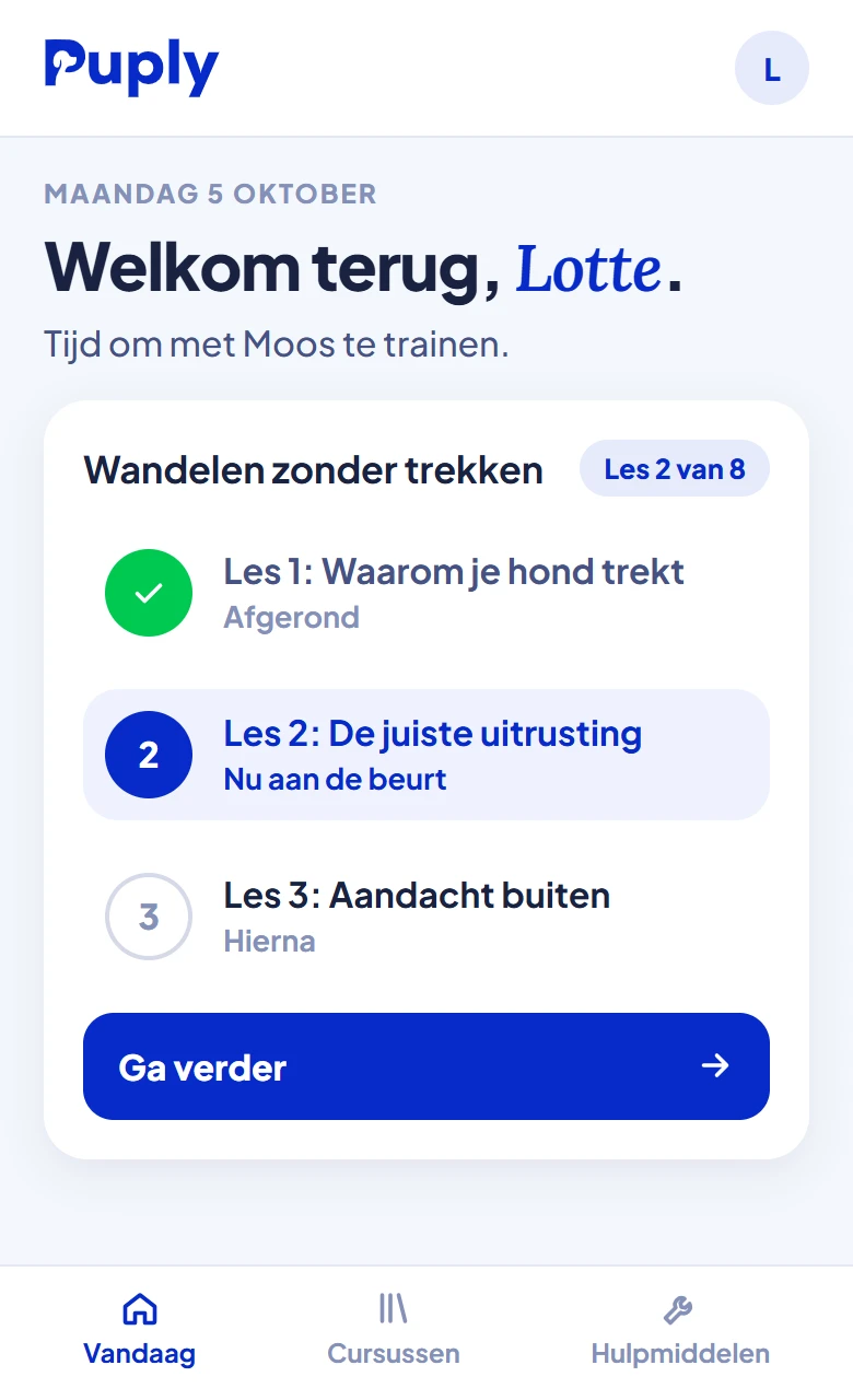 Het dashboard van de academy: les 1 afgerond, les 2 aan de beurt