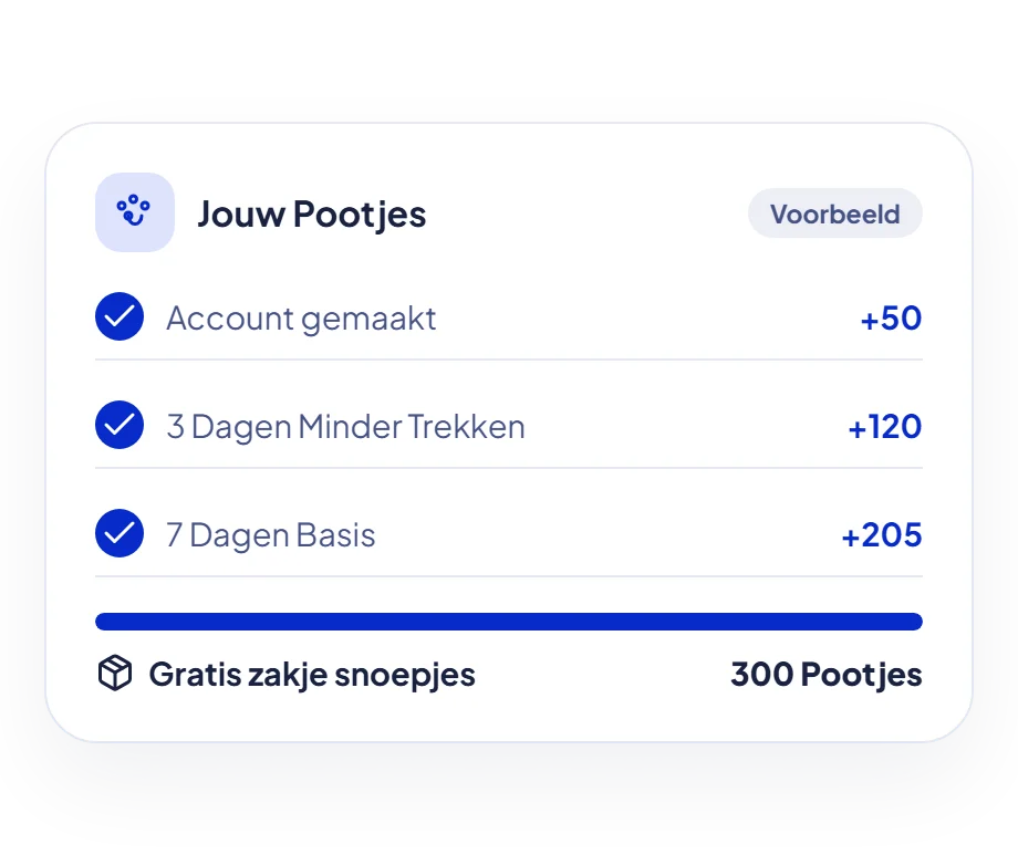 Voorbeeld van Jouw Pootjes: account gemaakt +50, 3 Dagen Minder Trekken +120, 7 Dagen Basis +205. Genoeg voor een gratis zakje snoepjes van 300 Pootjes