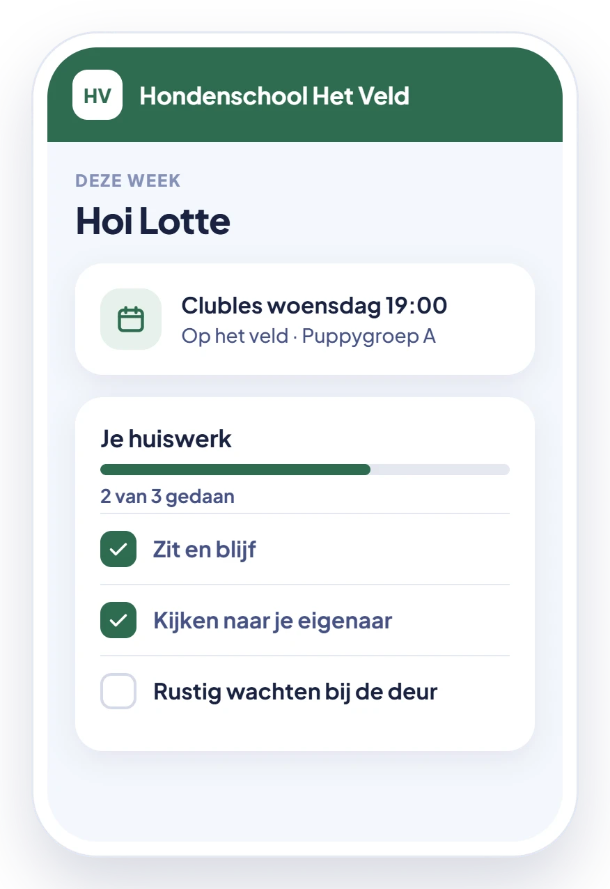 De app van Hondenschool Het Veld: de clubles van woensdag en het huiswerk van deze week, 2 van 3 gedaan.