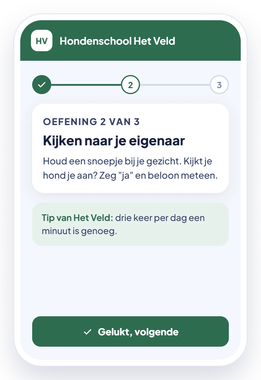 Een oefening in de app van Het Veld: kijken naar je eigenaar, met een tip van de school.