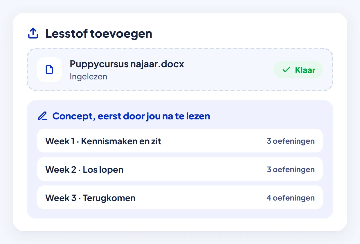 Een ingelezen Word-bestand wordt een concept met weken en oefeningen, dat je eerst zelf naleest.